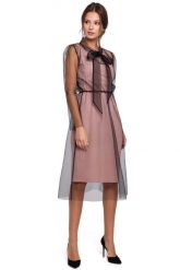 Pudrowa Elegancka Sukienka z Tiulem. Czarne sukienki damskie MAKEOVER, l, bez wzorów, z elastanu, eleganckie, bez kołnierzyka, bez ramiączek. Za 238.90 zł.