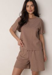 Brązowe Bawełniane Szorty Dresowe w Drobne Paseczki Wiązane na Sznurki Loregune. Brązowe szorty damskie Born2be, bez wzorów, z bawełny, eleganckie. Za 59.99 zł.