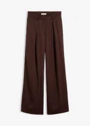 Letnie spodnie z zakładkami, z mieszanki wiskozy. Brązowe spodnie materiałowe damskie bonprix, bez wzorów, z wiskozy. Za 142.99 zł.