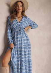 Niebieska Sukienka Rozkloszowana z Gumką w Pasie Kefem. Niebieskie sukienki damskie Renee, na spotkanie biznesowe, l, bez wzorów, z materiału, boho, bez kołnierzyka, bez ramiączek, maxi, kopertowe. W wyprzedaży za 90.99 zł.