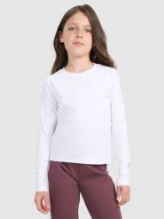 4F Longsleeve slim gładki dziewczęcy - biały 122 (6-7 lat). Białe koszulki dziewczęce 4f, bez wzorów, z bawełny, bez ramiączek. Za 49.99 zł.