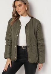 Zielona Dwustronna Kurtka z Ozdobnym Pikowaniem i Guzikami Dewan. Zielone kurtki damskie Born2be, l, bez wzorów, bez kaptura. Za 99.99 zł.