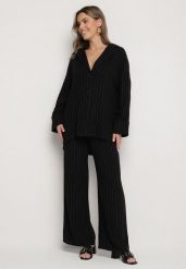 Czarny Komplet w Paski z Wiskozy i Lnu Koszula Oversize i Spodnie na Gumce z Kieszonkami Efriona. Czarne koszule damskie Born2be, bez wzorów, z wiskozy, eleganckie. Za 219.99 zł.