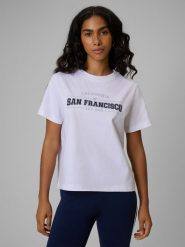 4F T-shirt boxy z nadrukiem damski - biały XL. Białe t-shirty damskie 4f, uniwersalny, bez wzorów, z jeansu, bez kołnierzyka. Za 69.99 zł.