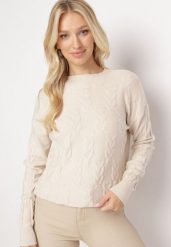 Beżowy Sweter o Warkoczowym Splocie z Okrągłym Dekoltem Selinera. Brązowe swetry klasyczne damskie Born2be, z dzianiny, bez kołnierzyka. Za 89.99 zł.