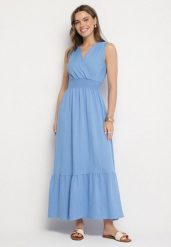 Niebieska Sukienka o Rozkloszowanym Kroju Bez Rękawów z Kopertowym Dekoltem Filoria. Niebieskie sukienki damskie Born2be, l, bez wzorów, eleganckie, bez kołnierzyka, bez ramiączek, maxi, kopertowe. W wyprzedaży za 67.99 zł.