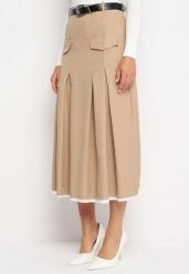 Beżowa Plisowana Rozkloszowana Spódnica z Imitacją Kieszeni Paskiem i Gumką w Talii Evisthai. Brązowe spódniczki damskie Born2be, l, bez wzorów, eleganckie, midi, dopasowane. Za 99.99 zł.