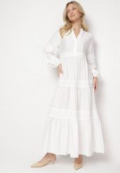 Biała Rozkloszowana Sukienka z Wiskozy Zdobiona Koronką Gonireth. Białe sukienki damskie Born2be, na co dzień, l, z aplikacjami, z jeansu, eleganckie, bez kołnierzyka, bez ramiączek, maxi, kopertowe. W wyprzedaży za 143.99 zł.
