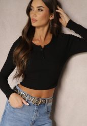 Czarna Bluzka z Bawełny z Prążkowanego Materiału Ozdobiona Guzikami Ivelwiwi. Czarne bluzki damskie Renee, m, bez wzorów, z bawełny, klasyczne, bez kołnierzyka, bez ramiączek. Za 49.99 zł.