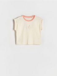 T-shirt z haftem - kremowy. Białe koszulki dziewczęce Reserved, bez wzorów, z bawełny, bez ramiączek. W wyprzedaży za 12.99 zł.