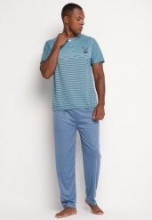 Niebieska Bawełniana Piżama Góra w Paski Zapinana na Guziki Spodnie z Gumką w Pasie Sezizia. Niebieskie piżamy męskie Born2be, m, bez wzorów, z bawełny, bez ramiączek. Za 59.99 zł.