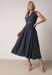 Granatowa Koszulowa Sukienka Bez Rękawów z Wiskozy i Bawełny z Paskiem Suranon. Niebieskie sukienki damskie Born2be, na co dzień, na lato, m, bez wzorów, z bawełny, eleganckie, bez kołnierzyka, bez ramiączek, koszulowe. Za 179.99 zł.