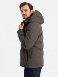 Męska kurtka casualowa puffer z wełną – ciemnooliwkowy melanż V4 OM-JAHP-0203 - XXL. Zielone kurtki męskie Ombre Clothing, l, z aplikacjami, z materiału. Za 371.99 zł.