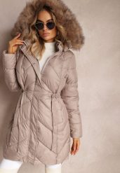 Beżowa Długa Pikowana Kurtka w Stylu Parki z Troczkiem w Pasie i Sztucznym Futerkiem Abelasa. Brązowe kurtki damskie Renee, l, bez wzorów. Za 299.99 zł.