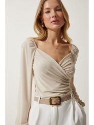 Happiness Istanbul Bluzka w kolorze kremowym rozmiar: 38. Brązowe bluzki damskie Happiness Istanbul, bez wzorów, bez kołnierzyka, bez ramiączek. Za 60.99 zł.