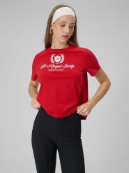 4F T-shirt boxy z nadrukiem damski - czerwony XS. Czerwone t-shirty damskie 4f, uniwersalny, bez wzorów, z bawełny, bez kołnierzyka. Za 69.99 zł.