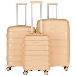 Zestaw walizek w beżowym kolorze wykonanych z polipropylenu z wysuwanymi rączkami Peterson PTN HPP-01-SET3. Brązowe walizki Peterson, bez wzorów. Za 559.99 zł.