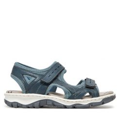 Sandały Rieker. Niebieskie sandały damskie Rieker, bez wzorów, bez obcasa, na płaskiej podeszwie. Za 259.99 zł.