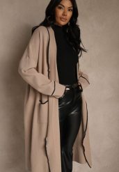 Beżowy Niezapinany Kardigan o Długim Kroju z Lamówką Venisse. Brązowe kardigany damskie Renee, bez wzorów, z jeansu. Za 109.99 zł.