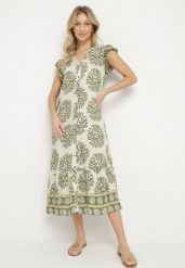 Zielona Koszulowa Sukienka z Wiskozą i Geometrycznym Wzorem Siledia. Zielone sukienki damskie Born2be, na co dzień, l, bez wzorów, z jeansu, eleganckie, bez kołnierzyka, bez ramiączek, midi, koszulowe. W wyprzedaży za 87.99 zł.
