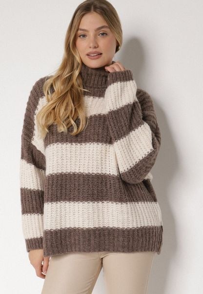 Brązowy Golf z Wełną i Wiskozą w Paski Monisea. Brązowe golfy damskie Born2be, bez wzorów, z jeansu, bez ramiączek. Za 169.99 zł.