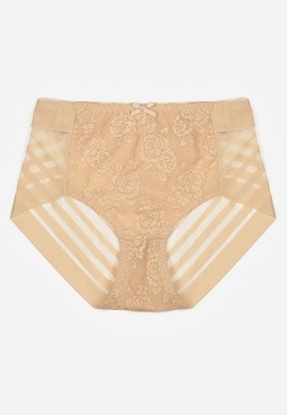 Beżowe Majtki Figi z Wysokim Stanem Zdobione Koronką i Siateczką Helieth. Brązowe figi damskie Born2be, xl, z aplikacjami, z koronki. Za 19.99 zł.