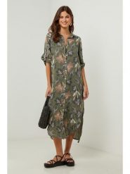 Lin Passion Lniana sukienka w kolorze khaki rozmiar: 34/36. Brązowe sukienki damskie Lin Passion, bez wzorów, ze lnu, klasyczne, bez kołnierzyka, bez ramiączek, midi. Za 173.99 zł.