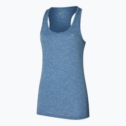 Koszulka do biegania damska Mizuno Impulse Core Tank. Niebieskie topy sportowe damskie Mizuno, xs, bez wzorów, ze skóry, bez ramiączek. Za 59.99 zł.