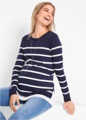 Lekki sweter 2 w 1 na okres ciąży i do karmienia. Niebieskie swetry klasyczne damskie bonprix, bez kołnierzyka, moda ciążowa. Za 127.99 zł.