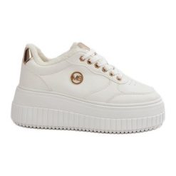 Sneakersy Buty Sportowe Damskie Ocieplane Na Masywnej Podeszwie Białe Ardiela. Białe buty sportowe na co dzień damskie bez wzorów, ze skóry. Za 205.59 zł.