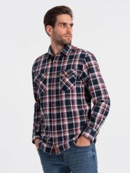 Męska koszula flanelowa z zapinanymi kieszeniami - czerwono-granatowa OM-SHCS-0137 - L. Niebieskie koszule męskie Ombre Clothing, l, bez wzorów, z bawełny, bez kołnierzyka, bez ramiączek. W wyprzedaży za 59.99 zł.