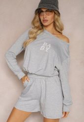 Szary Komplet Dresowy 2-Częściowy Bluza Krótsza i Luźne Spodenki Szorty Frania. Szare bluzy bez kaptura damskie Renee, m, z dresówki. Za 44.99 zł.