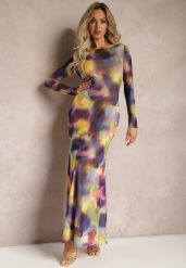 Fioletowo-Żółta Siateczkowa Sukienka Maxi Ozdobiona Wzorem Tie-Dye Elthiwina. Fioletowe sukienki damskie Renee, m, bez wzorów, bez kołnierzyka, bez ramiączek, maxi. W wyprzedaży za 111.99 zł.