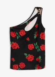 Top na jedno ramię z biżuteryjną ozdobą. Czarne topy damskie bonprix, z aplikacjami, bez kołnierzyka. Za 24.99 zł.