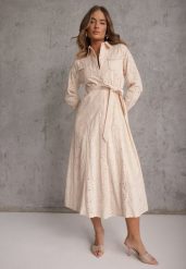 Beżowa Ażurowa Sukienka z Bawełny Ozdobiona Paskiem Novenelle. Brązowe sukienki damskie Renee, na spotkanie biznesowe, na wiosnę, l, w ażurowe wzory, z bawełny, bez kołnierzyka, bez ramiączek, maxi. Za 139.99 zł.