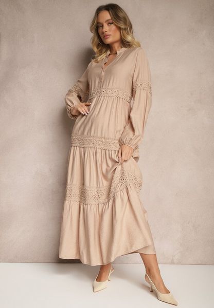 Ciemnobeżowa Wiskozowa Sukienka o Rozkloszowanym Kroju z Koronką Gonalorin. Brązowe sukienki damskie Renee, na co dzień, l, z aplikacjami, z koronki, eleganckie, bez kołnierzyka, bez ramiączek, maxi, rozkloszowane. Za 159.99 zł.
