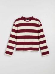 Bawełniana koszulka z długim rękawem w paski - bordowy. Czerwone t-shirty damskie Sinsay, l, bez wzorów, z bawełny, bez kołnierzyka. Za 29.99 zł.