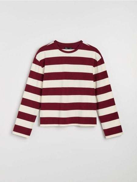 Bawełniana koszulka z długim rękawem w paski - bordowy. Czerwone t-shirty damskie Sinsay, l, bez wzorów, z bawełny, bez kołnierzyka. Za 29.99 zł.