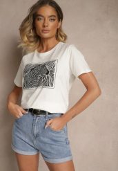Biały Bawełniany T-shirt Oversize z Nadrukiem Imitującym Zebrę Nalornis. Białe t-shirty damskie Renee, m, bez wzorów, z bawełny, bez kołnierzyka. Za 34.99 zł.