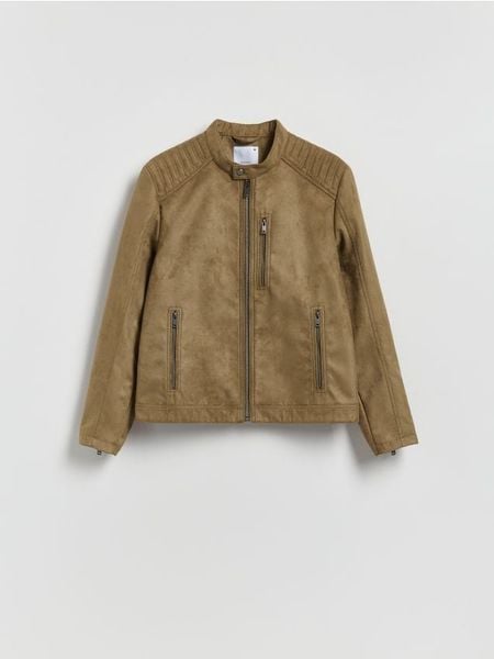 Kurtka biker z imitacji zamszu - jasny zielony. Zielone kurtki męskie Reserved, l, bez wzorów, bez kaptura. Za 259.99 zł.