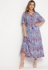 Niebiesko-Fuksjowa Sukienka Maxi z Wiskozy w Stylu Boho z Wzorem Paisley i Gumką w Pasie Naroli. Niebieskie sukienki damskie Born2be, na spacer, na lato, l, bez wzorów, z wiskozy, boho, bez kołnierzyka, bez ramiączek, maxi. W wyprzedaży za 87.99 zł.