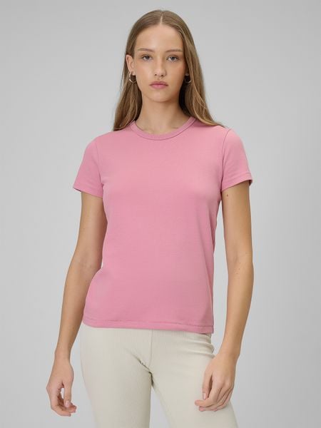 4F T-shirt slim gładki damski - różowy XS. Czerwone t-shirty damskie 4f, xs, bez wzorów, z bawełny, bez kołnierzyka. Za 49.99 zł.
