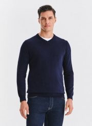 PAKO LORENTE – Granatowy bawełniany sweter v-neck. Niebieskie swetry męskie Pako Lorente, na jesień, m, bez wzorów, z bawełny, bez kołnierzyka. Za 99.99 zł.