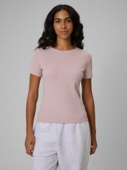 4F T-shirt slim prążkowany damski - różowy M. Czerwone t-shirty damskie 4f, m, bez wzorów, z dzianiny, bez kołnierzyka. Za 49.99 zł.