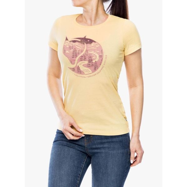 Koszulka lifestylowa damska Fjallraven Arctic Fox Print T-shirt. Żółte bluzki sportowe damskie Fjällräven, bez wzorów, bez ramiączek. Za 182.99 zł.