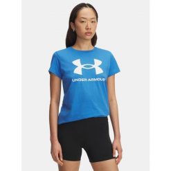 Koszulka T-Shirt Damski Sportowy Under Armour Rival Logo. Niebieskie bluzki sportowe damskie Under Armour, bez kołnierzyka, bez ramiączek. W wyprzedaży za 68.13 zł.