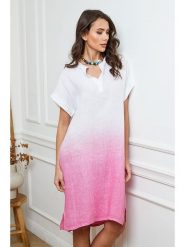Fleur de Lin Lniana sukienka w kolorze biało-jasnoróżowym rozmiar: XL. Białe sukienki damskie Fleur de Lin, na co dzień, xl, bez wzorów, ze lnu, bez kołnierzyka, bez ramiączek, midi, proste. Za 188.40 zł.
