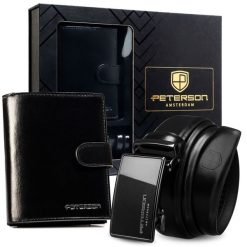 Zestaw prezentowy: portfel męski w czarnym kolorze i pasek ze skóry naturalnej - Peterson. Czarne paski męskie bez wzorów, ze skóry. Za 119.99 zł.