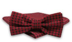Czerwono-Brązowa Mucha Męska -ALTIES- z Taką Samą Poszetką, w Drobną Kratkę. Czerwone krawaty i muchy męskie Alties, bez wzorów, eleganckie. Za 54.00 zł.