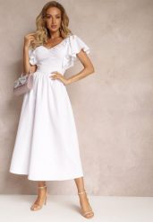 Biała Taliowana Sukienka Maxi z Falbanami Giftis. Białe sukienki damskie Renee, na imprezę, l, z aplikacjami, bez kołnierzyka, bez ramiączek, maxi. W wyprzedaży za 83.99 zł.
